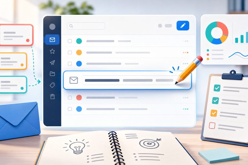 Email subject line strategy with inbox previews, editing, checklist, and analytics