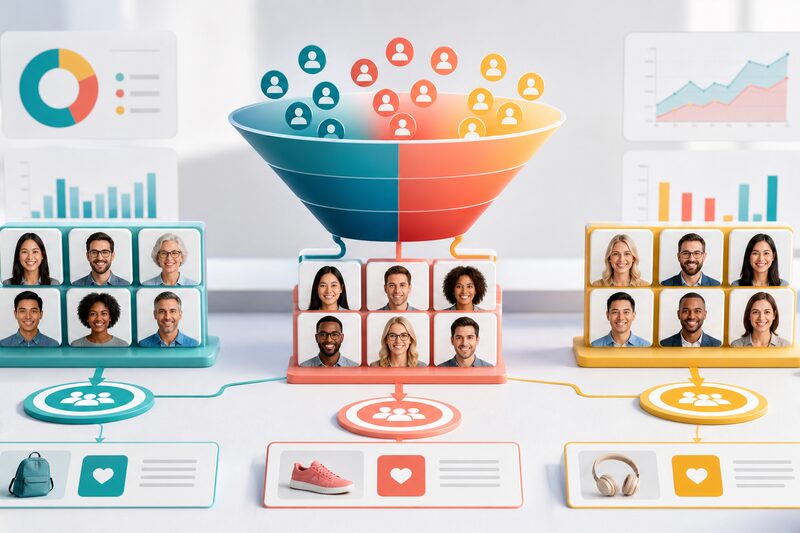 Market segmentation strategy with customer groups, audience clusters, and targeted offers